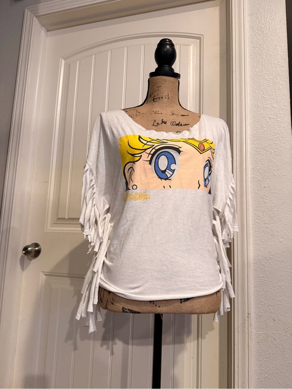 Women’s White Fringe Sleeve Graphic Top - Sailor-Inspired Print